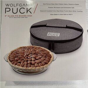 NWOT Wolfgang Puck 9 inch Glass Pie Dish W/ Insulated Carry Bag New in box